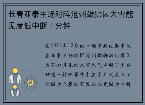 长春亚泰主场对阵沧州雄狮因大雪能见度低中断十分钟 长春亚泰主场对阵沧州雄狮因大雪能见度低中断十分钟